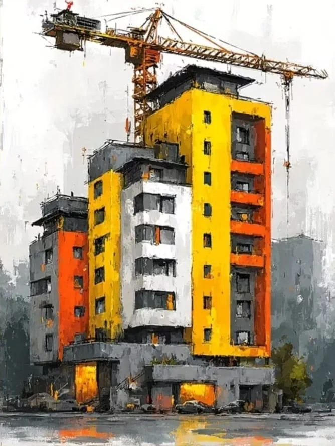 Painted illustration of a residential building under construction in orange and yellow