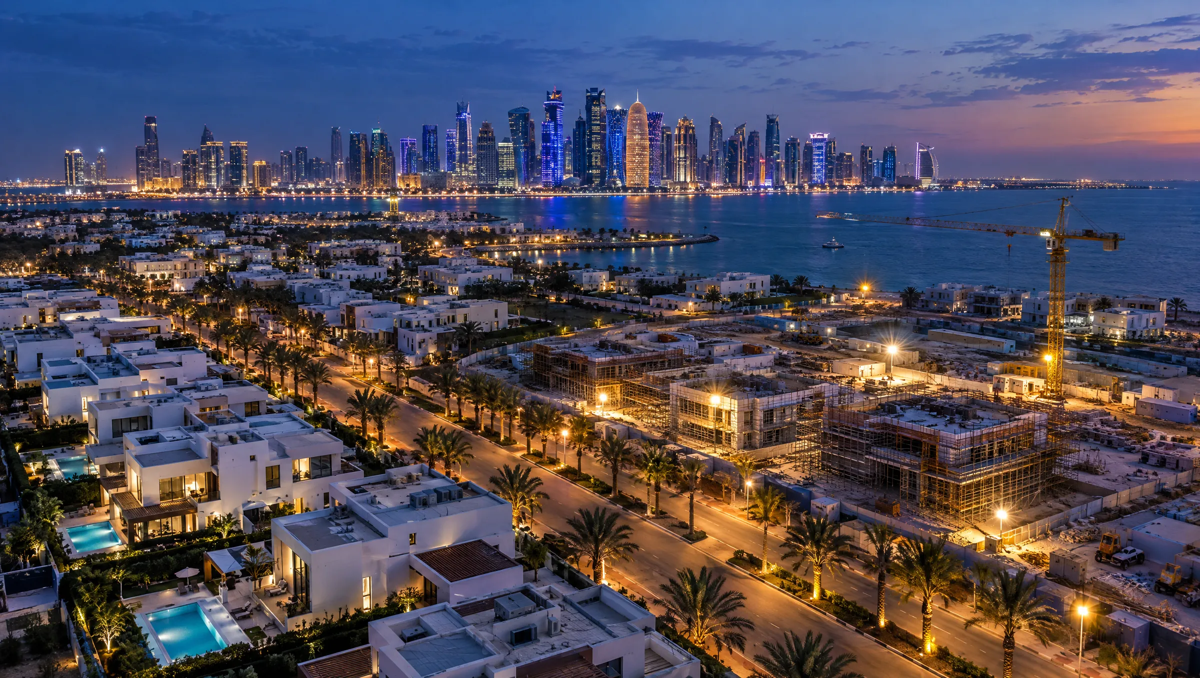 Aerial view at dusk of a Doha residential district with villas under construction and the West Bay skyline