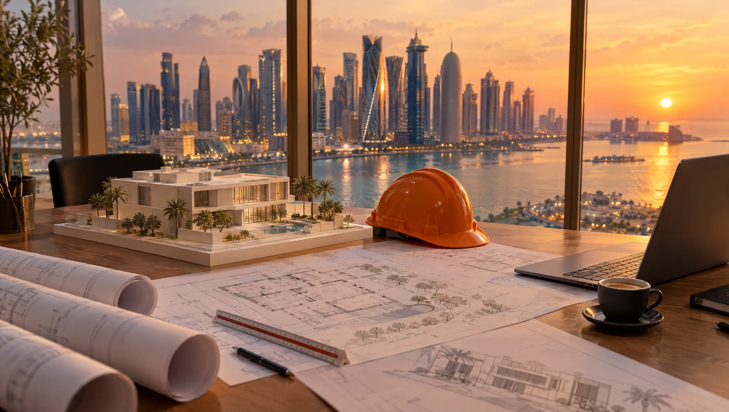 Architect's desk with a villa model, drawings and an orange hard hat overlooking the Doha skyline