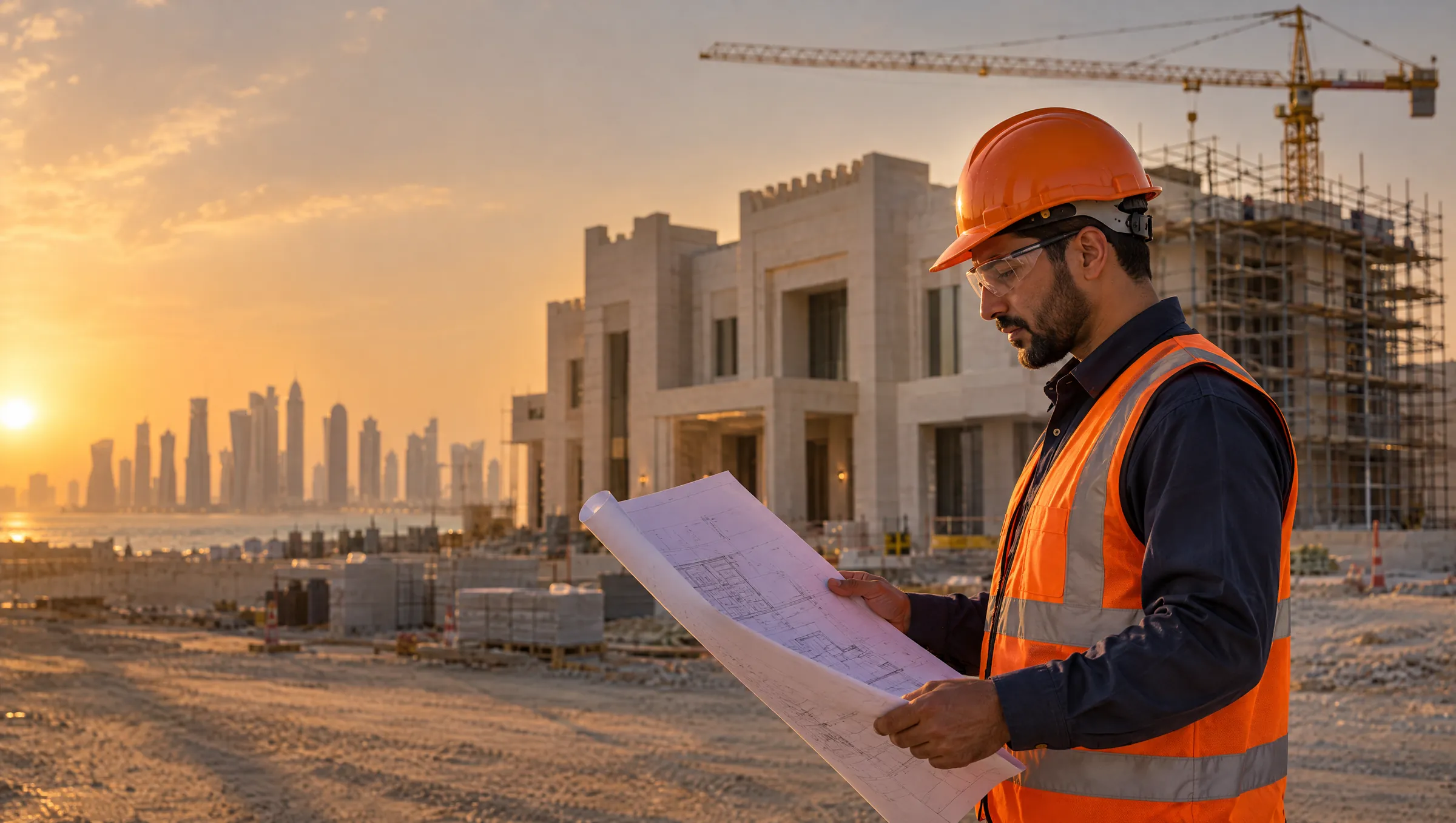 Site engineer in an orange hard hat reviewing drawings in front of a villa under construction in Doha at sunset