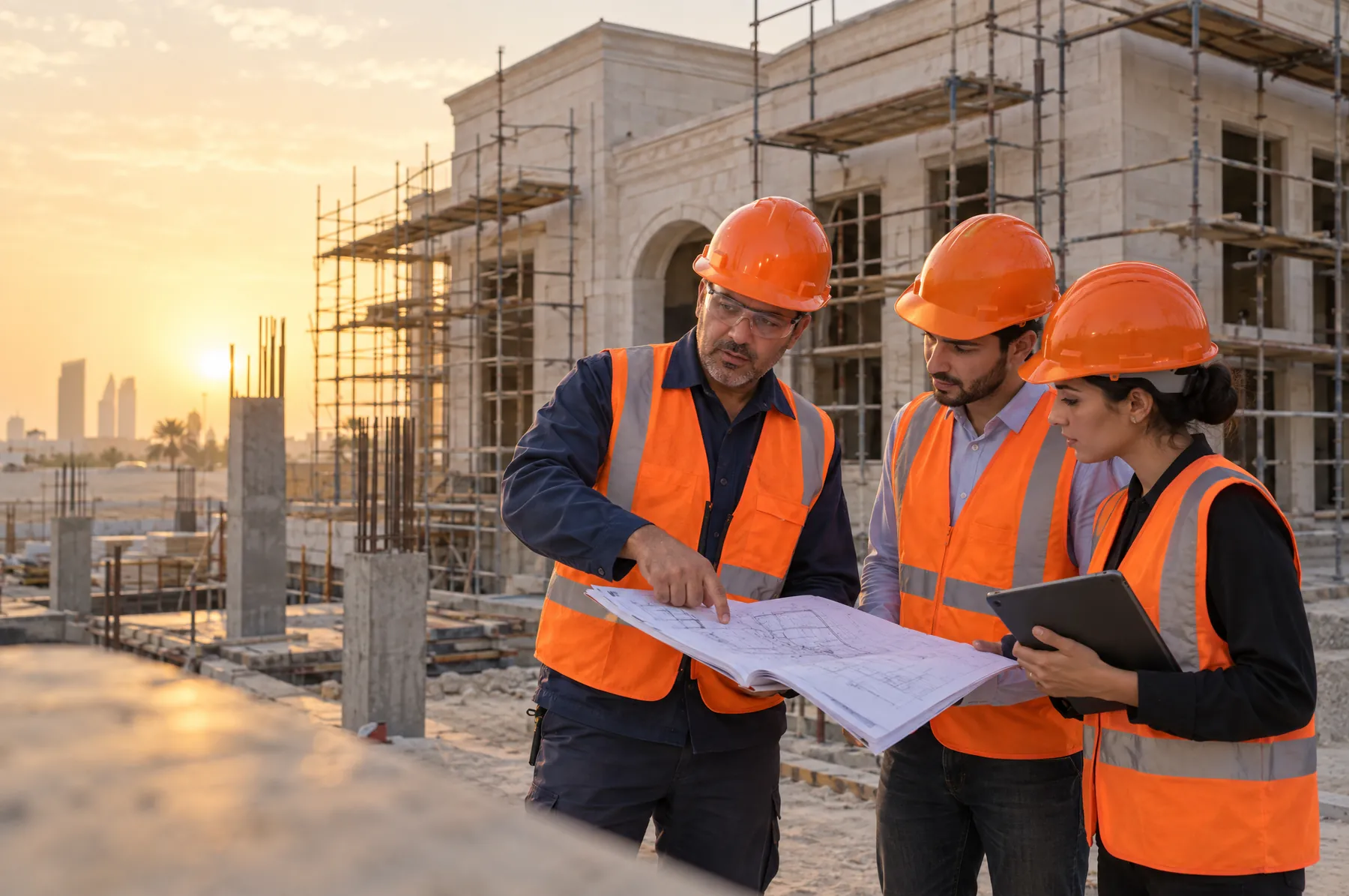 Site manager in an orange hard hat briefing two engineers over drawings at a villa under construction